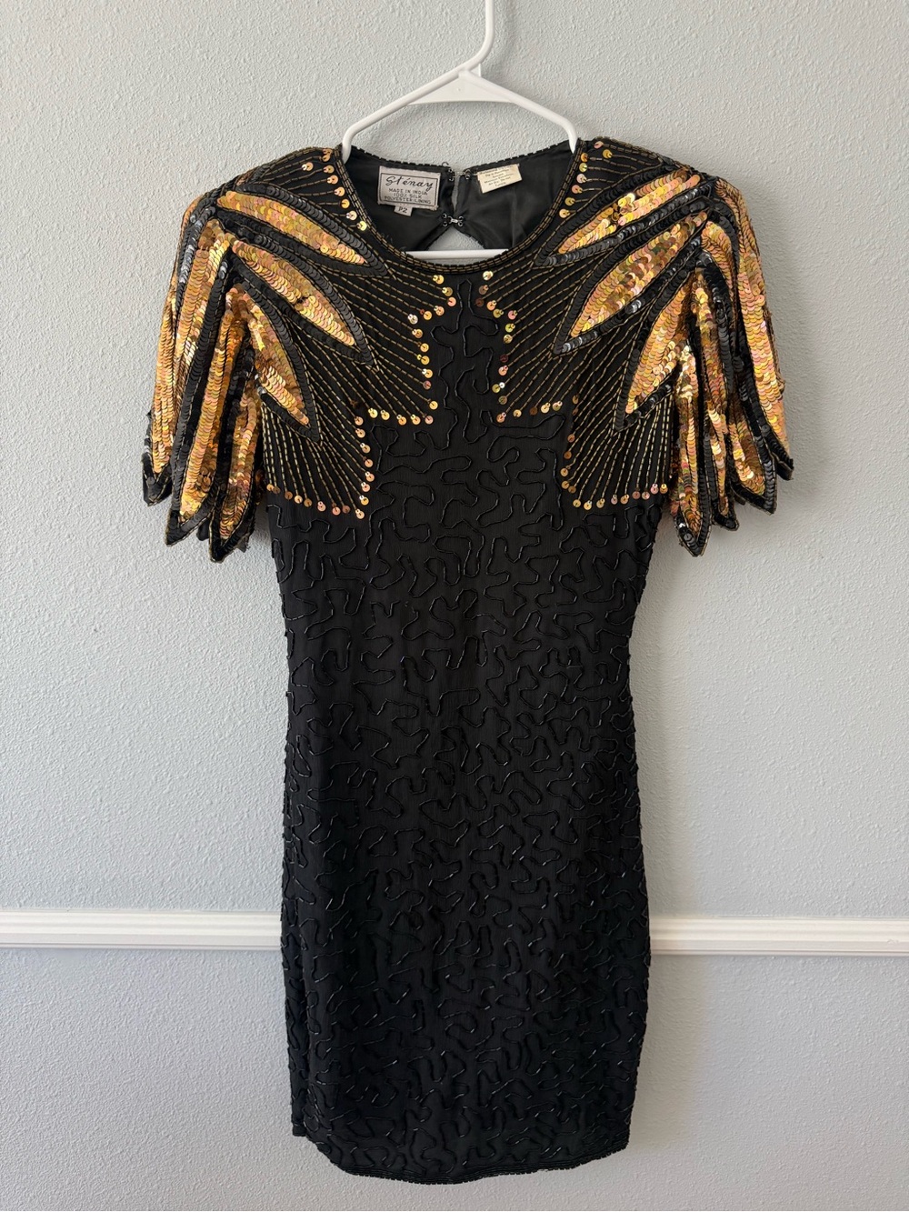 Vintage 1980s Sténay black & gold beaded silk cocktail dress, tagged Petite 2.